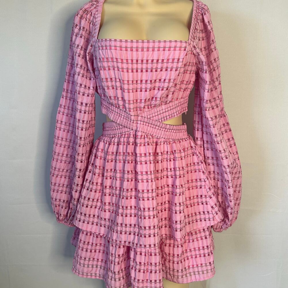 Shy Velvet Pink Cutout Mini Dress Smocked Plaid Puff Sleeve Medium barbiecore